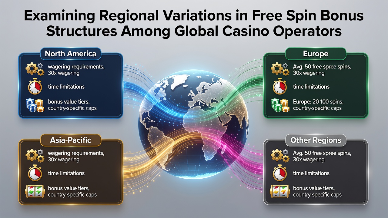 Global map highlighting regional differences in casino free spin bonus structures across continents