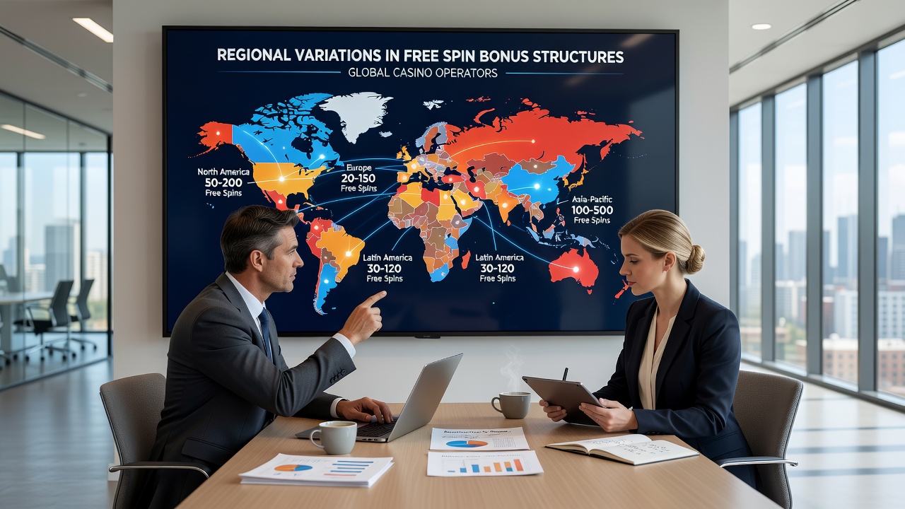 Infographic comparing free spin bonus features such as wagering multipliers and expiration periods across global regions